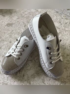 Bernie Mev White leather Sneakers with Silver Crystal Toe and Braided Sole